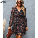 PETAL Black Floral Chiffon A-Line Mini Dress Woman Sexy V-neck Long Sleeve Party Dress 2023 Spring Autumn Female