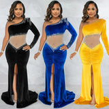 Zingj Royal Velvet Hot Diamond Mesh See-Through Pleated Collar One-Shoulder Slit