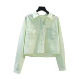 And Autumn Fashion Small Fresh Light Blue Short Shirt Women's Double Pocket Loose Long-Sleeved