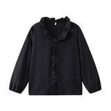 Spring And Summer New Solid Color Long-Sleeved Lotus Leaf-Side Shirt Women's