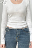 Casual Baisc Chic White Lace Trim Women Tee Shirts Long Sleeve Knit Korean Clothes Slim Top Spring Autumn T-shirt