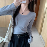 Design Label Large Round Neck Long-Sleeved T-Shirt Women's Early Autumn Low-Collar Bottomed Blouse Threaded Slim