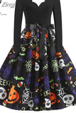 Women Halloween Christmas Party Dress Long Sleeve V Neck Pumpkin Print Vintage Casual A-line Dresses Vestidos