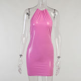 Faux Leather Sleeveless Summer Tank Bling Mini Dresses For Women Halter O-Neck Lace Up Backless Party Sexy Dress