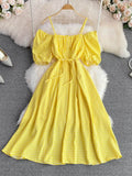 Vintage Women Spaghetti Strap Plaid Dress Female Elegant Short Puff Sleeve High Waist A-Line Casual Vestidos New