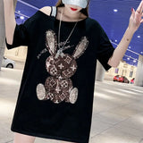 Print Tshirt Black White Graphic Summer T Shirt Women Korean Cotton Loose T-shirt Casual One Shoulder Sexy Thirts