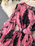 Vintage Women Printed Pleated Long Dress Elegant Round Neck Lantern Sleeve High Waist A-Line Maxi Vestidos Female
