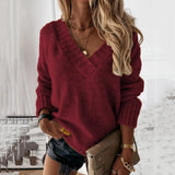 Women's Wear Solid Street Hipster Color Sweater V-neck Long Sleeve Pullover