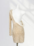 Zingj Lined Elegant French V Collar Sequin Wrapped Hip Skirt Slim Pleated Long Sleeve Skirt Gold Wind Velvet