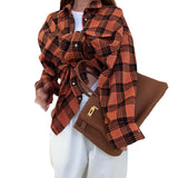 Zingj New Vintage Plaid Shirt Women's Casual Plaid Top Versatile Lapel Loose Medium Long Shirt-Outfit