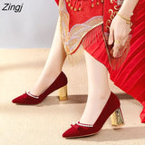 Red Velvet Pearls Pumps Woman Sexy Pointed Toe Thin High Heels Party Wedding Shoes Women Spring 2023 Zapatos