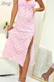 Spaghetti Strap Floral Print Summer Dress Women V Neck Bow Long Beach Party Elegant Bodycon