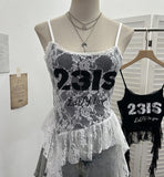 Shooting Lace Sling Vest Irregular Ribbon Hot Wear Print Short-Sleeved Top
