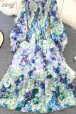Vintage Women Floral Chiffon Midi Dress Elegant Ruffle Stand Collar Lantern Long Sleeve High Waist Big Swing Draped