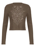 Rib Long Sleeve Printed Crop Top- Outfit