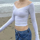 Summer Women's Wear European Station Ins Street Word Shoulder Solid Color Basic Slim Long-Sleeved