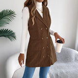Autumn And Winter Pure Color Double Buckle Pocket Lint Long Vest Coat Women's