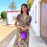 Summer Women's Fashion Folding Print Dress Elegant Body V Collar Short Sleeve