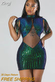 Sequined Tassel Sleeve Mesh Patchwork Bodycon Midi Dresses for Women Winter Autumn Sexy Party Club Even Dress