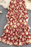 Women Pritned Long Dress Vintage Stand Collar Single Breasted Puff Sleeve High Waist A-Line Elegant Big Swing Maxi