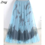 2022 Summer Korean Fashion 3 Layers Midi Long Mesh Tulle Skirt Women Elegant High Waist Pleated A Line Skirt
