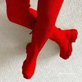 Cylinder Flying Breathable Knee Boots Women's Leather Knitting Thin Thick Bottom Socks Boots
