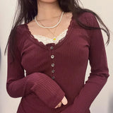 Trend Red Lace Side Buckle Spliced T-Shirt 2023 New V-Collar Basic Simple Slimming Leisure Bottom