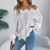 Shooting 2025 Autumn And Winter Pure Color Hollow Long Sleeve Cut Rotten Shoulder Cover Sweater Women's