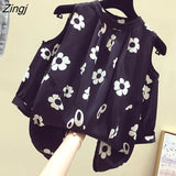 Off Shoulder Women Blouse Spring Summer Short Sleeve OL Chiffon Shirt Streetwear Vintage Print Hollow Out Top Mujer De