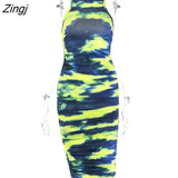 Tie-Dye Print Ruched Christmas Dress For Women Long Sleeve Sexy Bodycon Winter Dress Elastic Pleated Casual Party