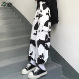 Cow Print Harem Pants Women Spring Casual High Waist Straight Pants Streetwear 90s Y2k Joggers Loose Wide Leg