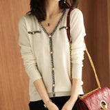 Soft Women Pullover Sweater Sexy V Neck Autumn Basic Chic Button Knitted Blouse Long Sleeve Slim Korean Female