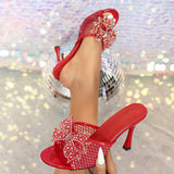 New 9CM High Heel Thin Mesh Slippers Women Cool Drag Toe Bow Large Size Women's
