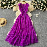 Famous French High-End Women V Lead Heavy Industry Folding Net Yarn Waist Fluffy Cake Dress