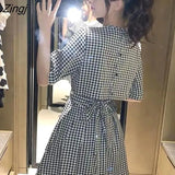 Women Korean Style Black White Plaid Lovely Girl Retros All-match Streetwear Vintage Summer Hollow Out Waist Sundress