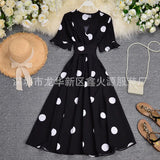 Zingj Big Wave Point Foreign Air Horn Short Sleeve Temperament V Neck Tie Closed Waist Show Thin Long Dress Female Summer