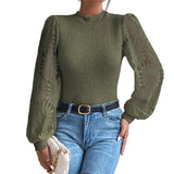 Round Collar Hollow Coated Women Autumn Fashion Pineapple Lace Splicing Sleeve Jersey