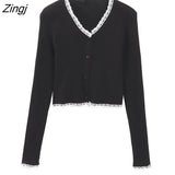 Cardigan Women Chic Vintage Fall Slim College Girls Cropped Knitwear All-match Ulzzang Simple Stylish Female Sweater