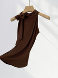 Zingj Lace Cut Shoulder Sleeveless Top Elegant Morde Cotton Sexy Tight Stretch Scarf Collar