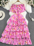 Women Vacation Beach Long Dress Sexy Slash Neck Off Shoulder Short Sleeve High Waist Floral Ruffle Maxi Vestidos