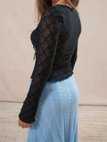 Vintage Women Spring Fall Slim Fit Lace T-shirts Crop Tops Long Sleeve Low Cut Tie Up Tees Shirts Party Clubwear 2025 211-1-Outfit