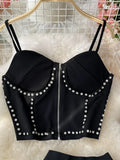 Sexy Black Mesh 2pcs Set Women Zipper Strapless Diamonds Short Tops + Irregular Long Skirt Female Party Two Piece