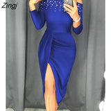 Women Fashion Elegant Autumn Solid Off Shoulder Beaded Ruched Party Dress Spring Long Sleeve Midi