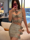 High-End Women's New Sexy Hollow Tight-Nuffed Ass Flower Decoration Dress Temperament Hot Diamond