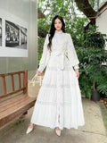 Gentle Style Dress Spring Dress Design Hollow Lace Splicing Bubble Sleeve Dress Holiday