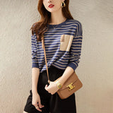 Round Collar Stripe Cashmere Knit Sweater Female Qiu Dong New Style Korean Version Temperament Loose Joker Bottom Unlined Upper