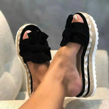 Summer New Slope And Bow Cool Slippers Women's Beach Thick Bottom Hemp Rope Large-Size