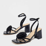 Women's High-Heeled Shoes Three-Dimensional Flowers Square Head Thick Heel Spring And Summer Fashion Party Party Stage Black
