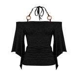 Shoulder Design Beads With Hanging Neck Horn Sleeve Tops The Folding Tight Waist Thin Knitting Temperament