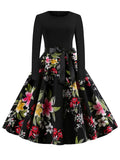 Print Vintage Dress Women Christmas Casual Robe Femme Dress Elegant Party Dresses Long Sleeve